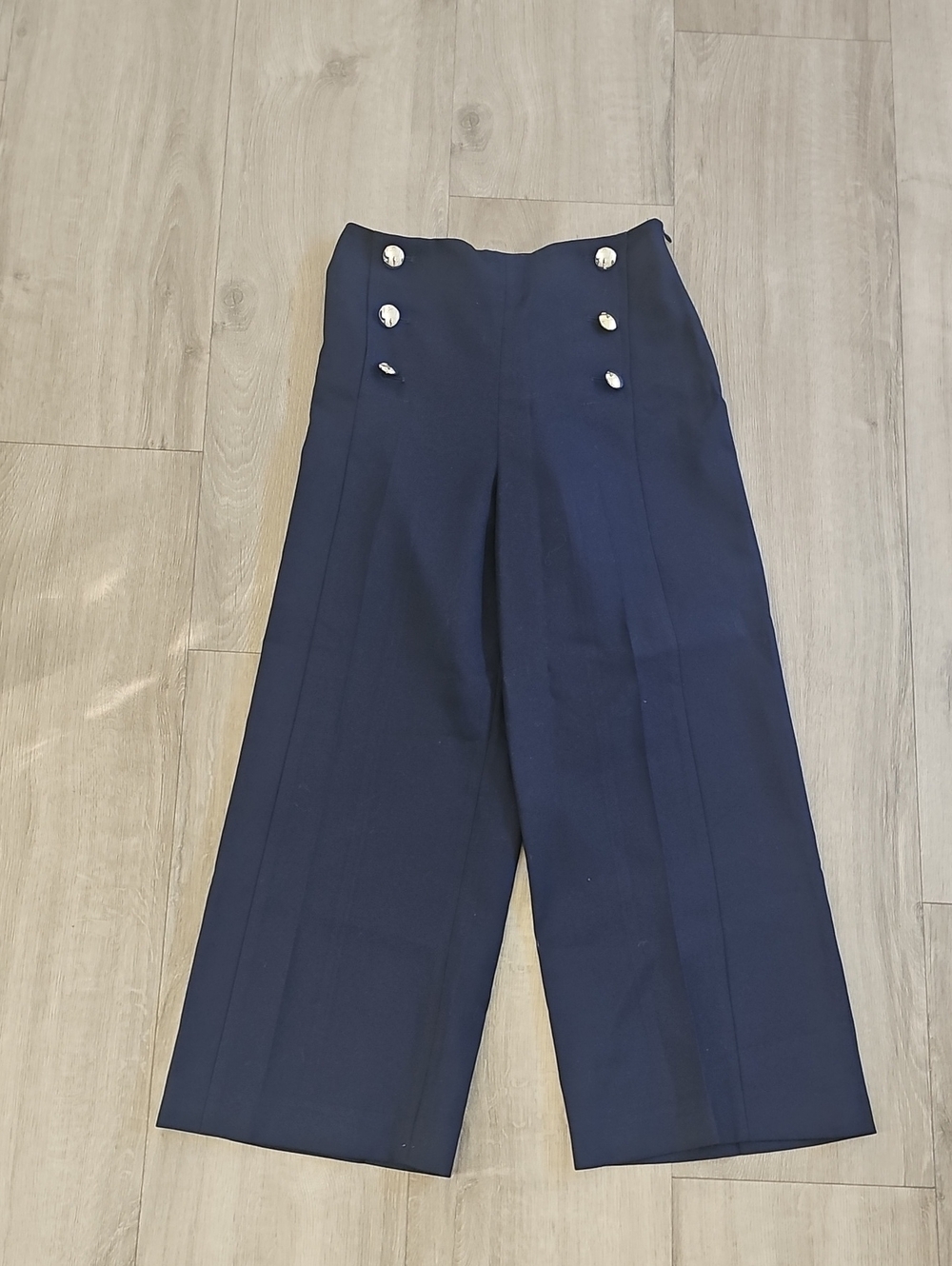 LK Bennett Navy Wide-Leg Dress Trousers with Silver Buttons Size 4